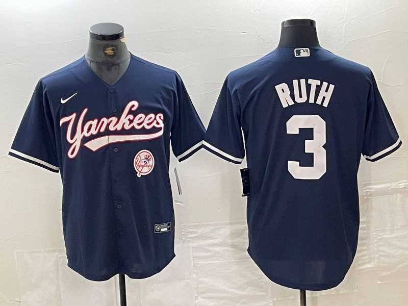 Men%27s New York Yankees #3 Babe Ruth Navy With Patch Cool Base Stitched Baseball Jersey->new york yankees->MLB Jersey